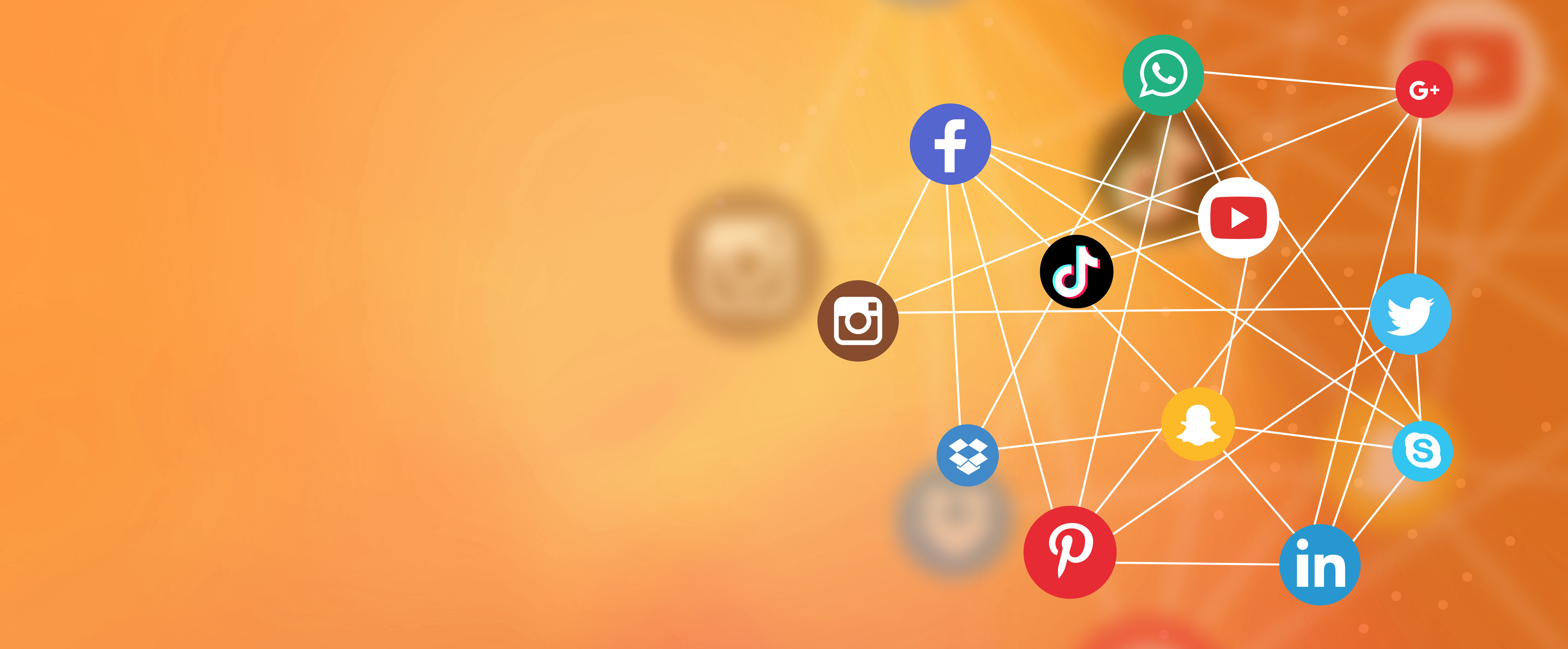 Social media icons connected by  lines on yellow orange background