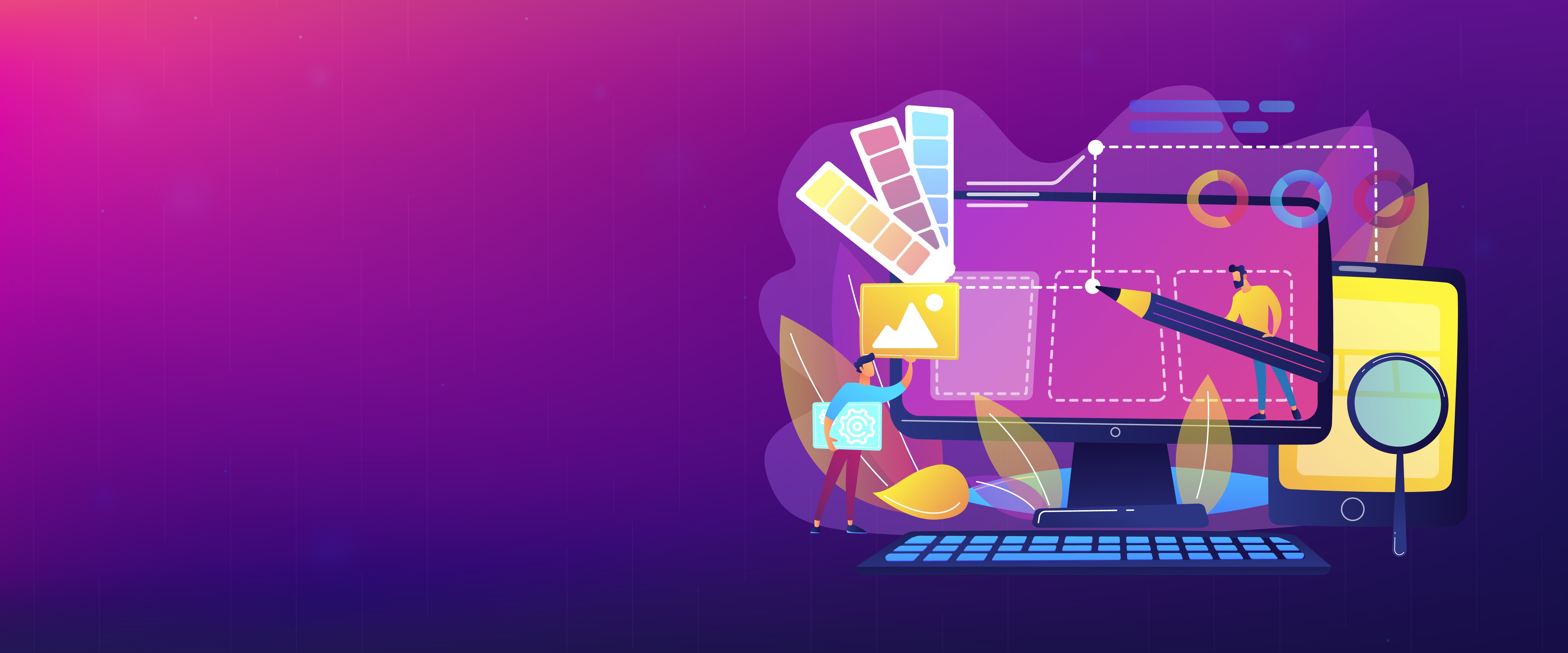 illustration of web design elements and web designer drawing on dark purple pink background 